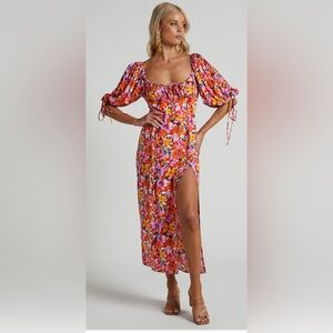 ROSARIO MIDI DRESS - RUCHED BUST PUFF SLEEVE DRESS IN SPRING FLORAL